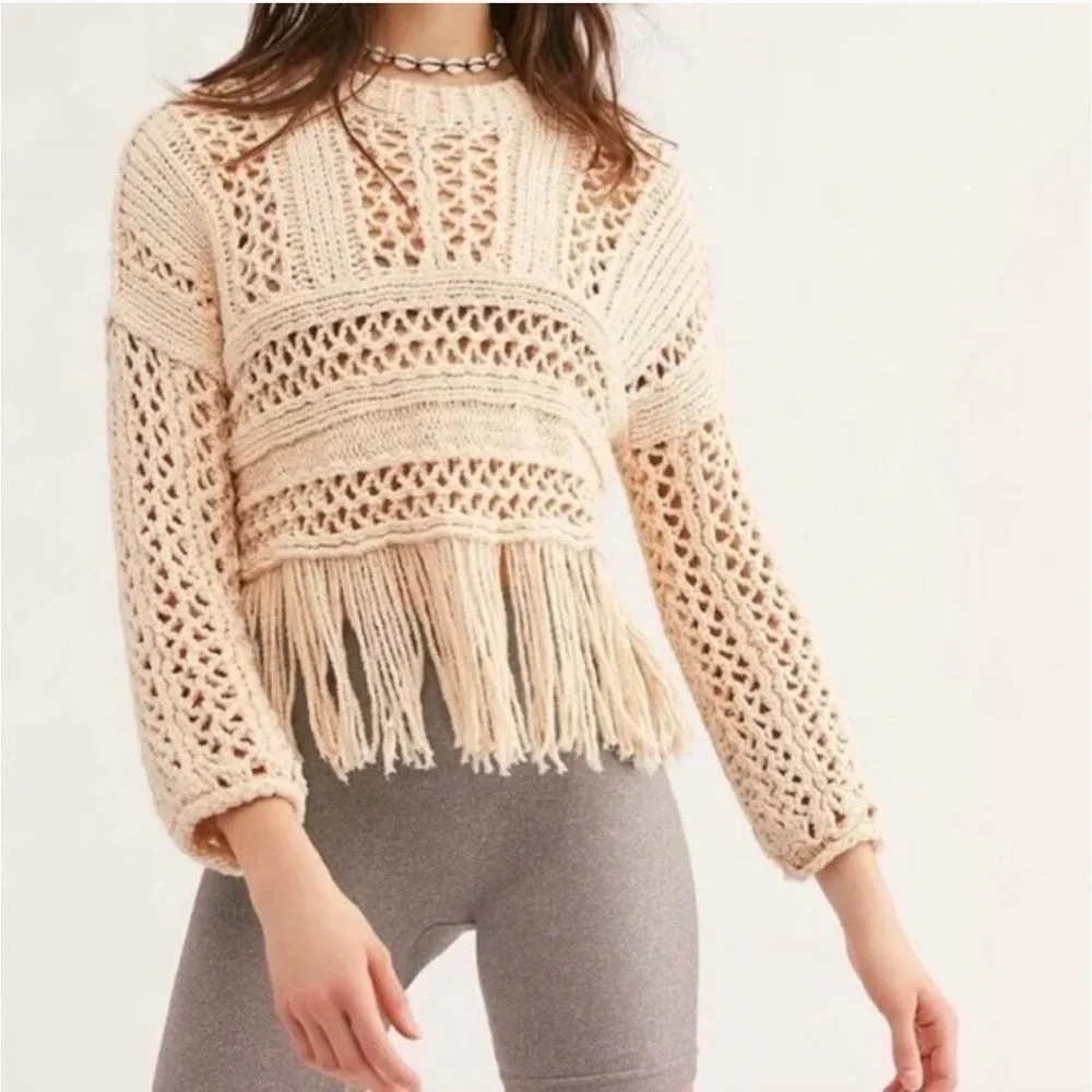 Free People Cream Crochet Sweater with Fringe